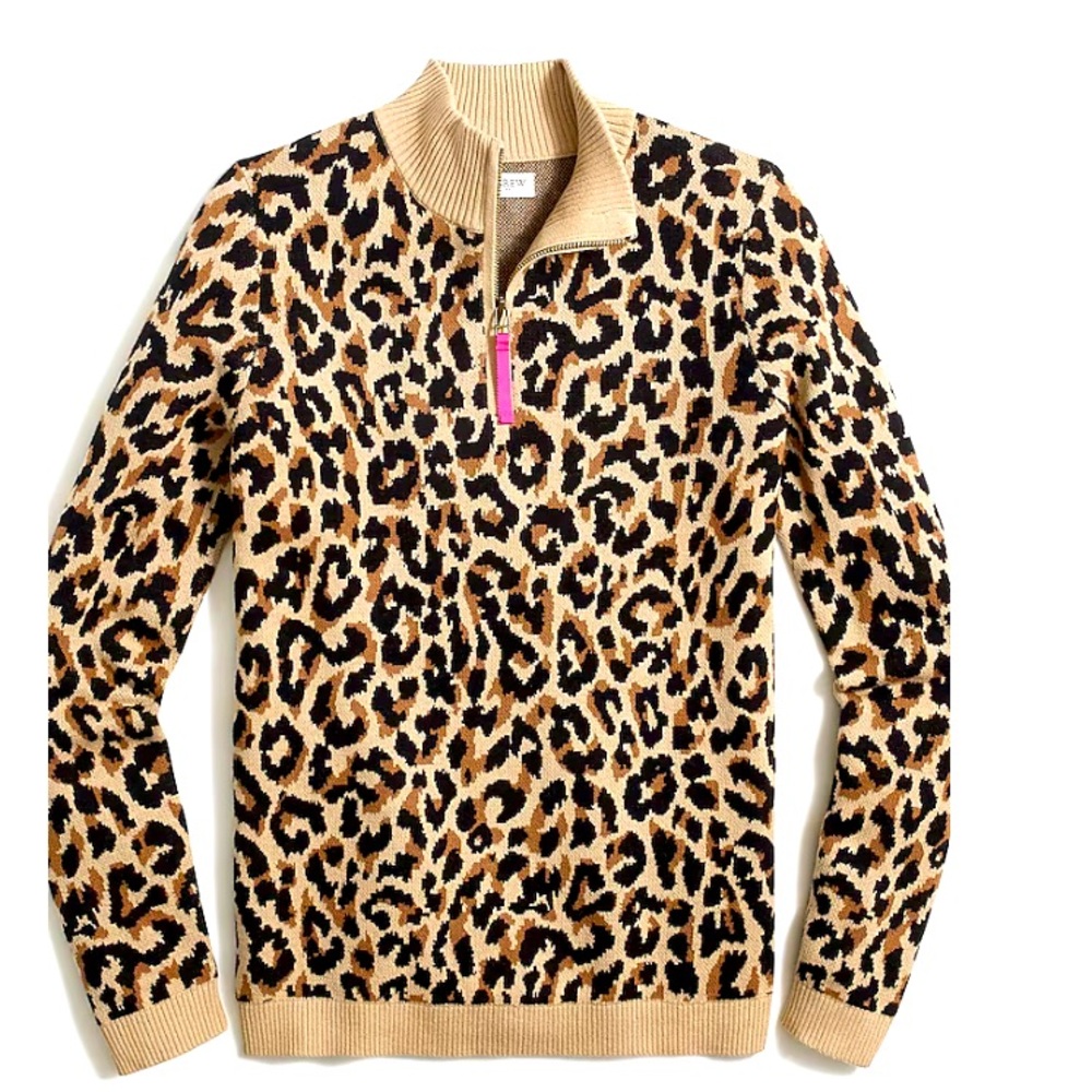 NEW J Crew leopard animal print mock neck quarter zip popover sweater XL